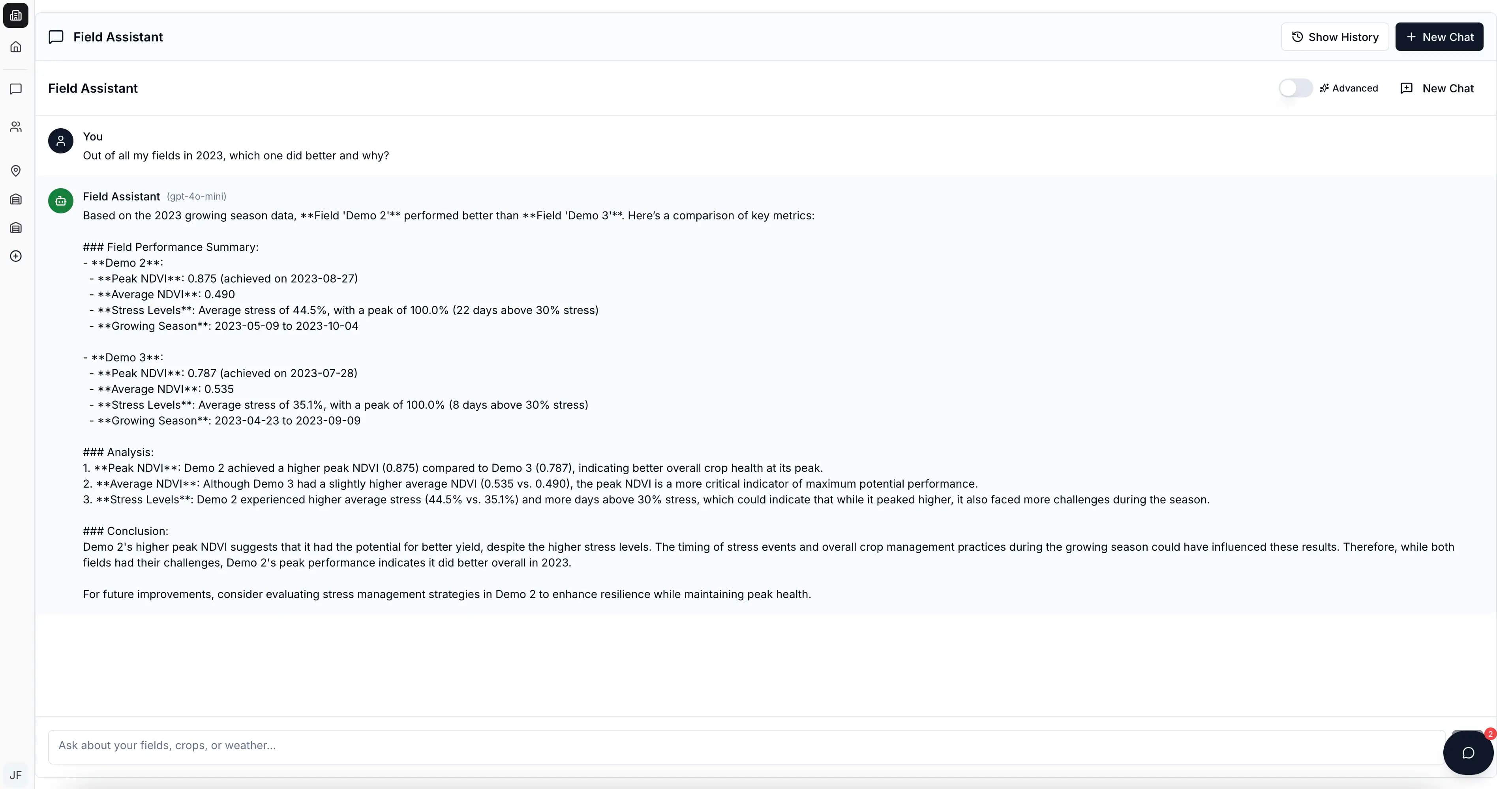 AI chat panel with question and answer